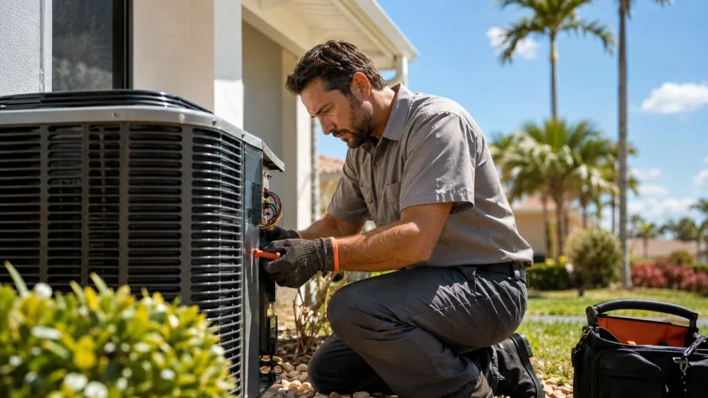 HVAC technician working on an air conditioning unit in Tampa, Florida, illustrating SEO ROI