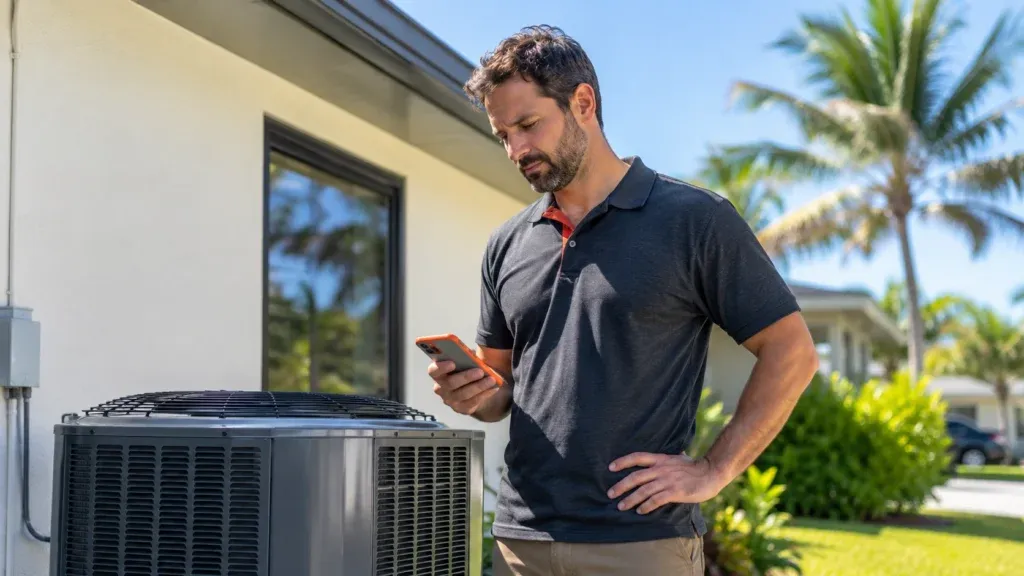 HVAC technician in Tampa, Florida, examining his smartphone near an air conditioning unit, illustrating website