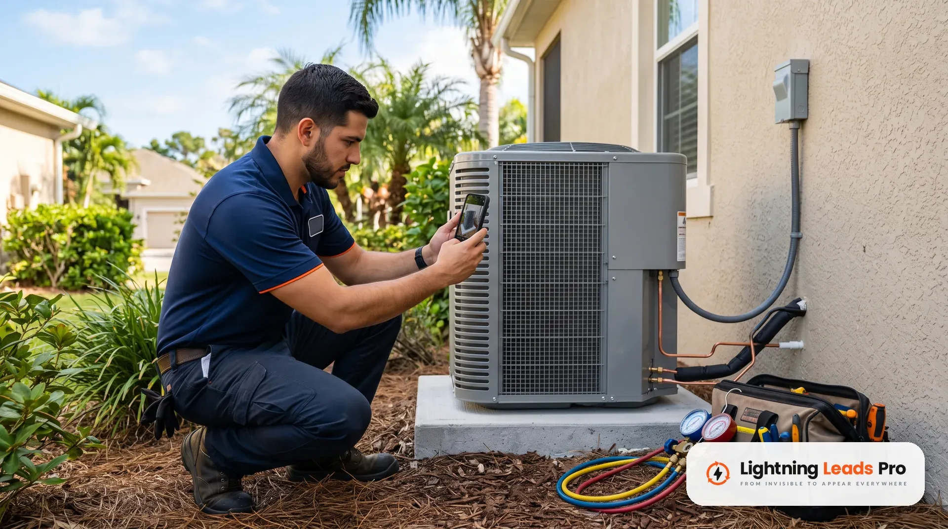 Técnico hispano de aire acondicionado fotografiando con su celular una unidad recién instalada para subir la foto a su Perfil de Negocio de Google.