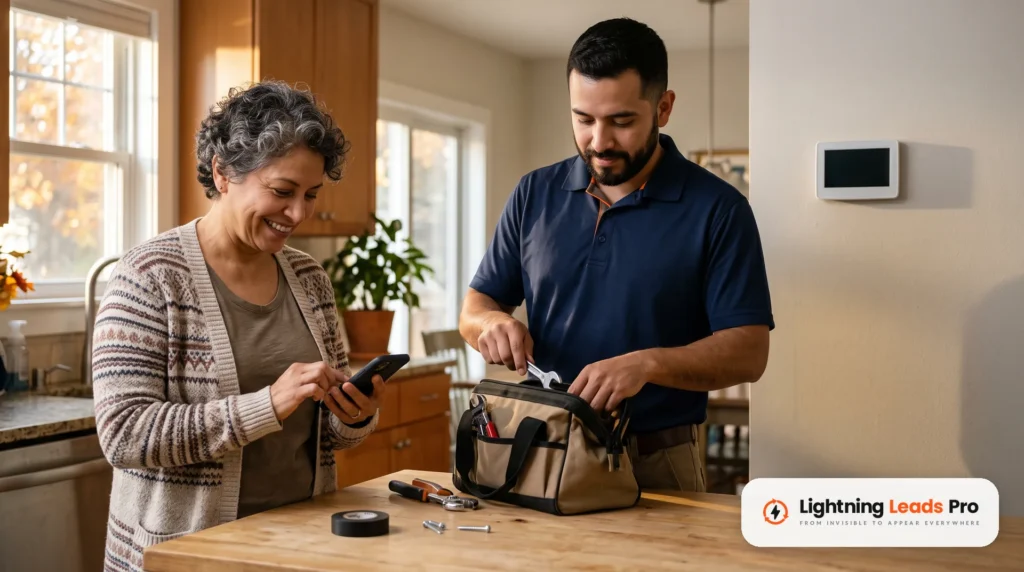 Clienta escribe una rese&ntilde;a en su tel&eacute;fono mientras el t&eacute;cnico de aire acondicionado guarda sus herramientas en la cocina