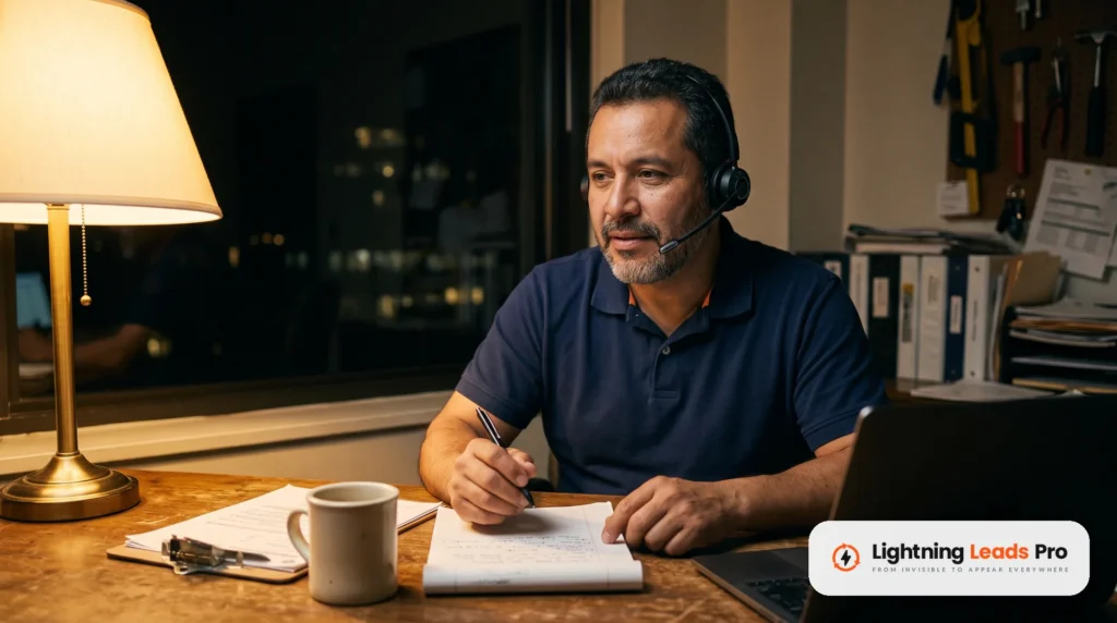 HVAC owner taking a late night customer call on a headset at his office desk