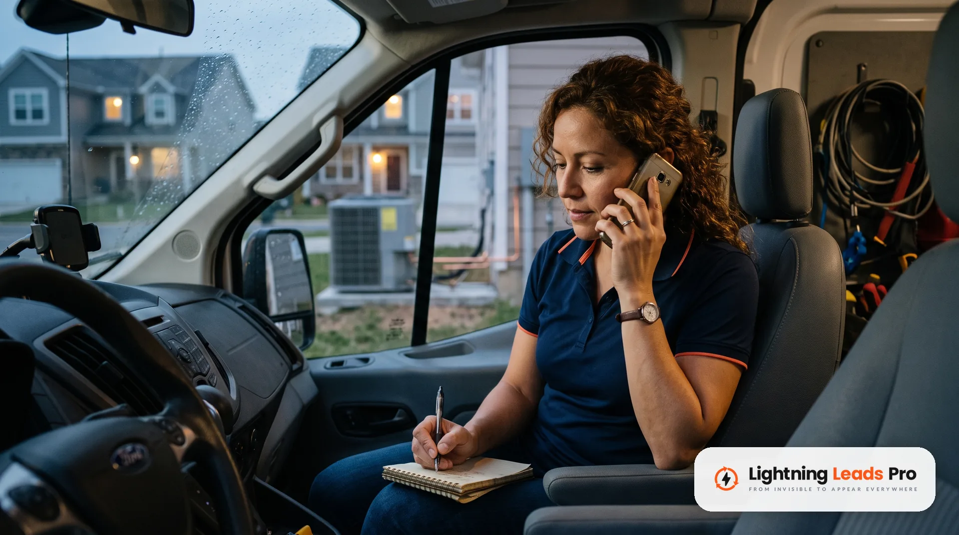HVAC company owner in her work van making a test call and taking notes on a notepad