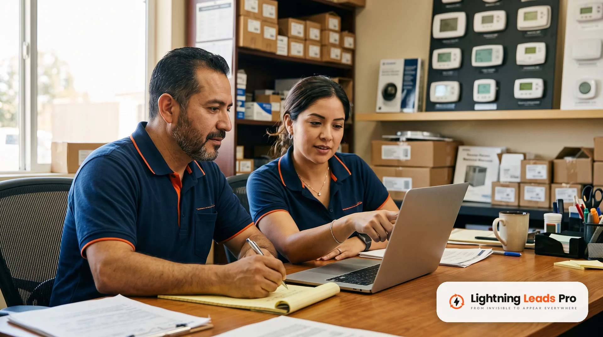 HVAC company owner and office manager reviewing a software demo on a laptop in their office