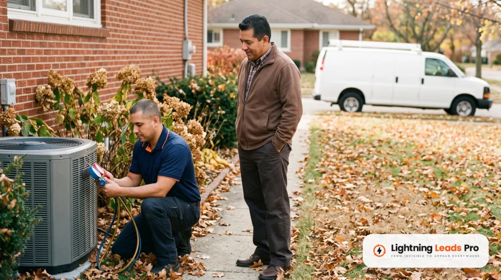 HVAC technician checks an outdoor heat pump with a gauge set in late fall as the homeowner watches