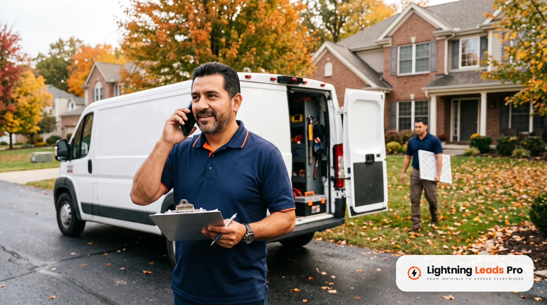 HVAC owner answers a new customer call beside his service van while a technician heads to a job