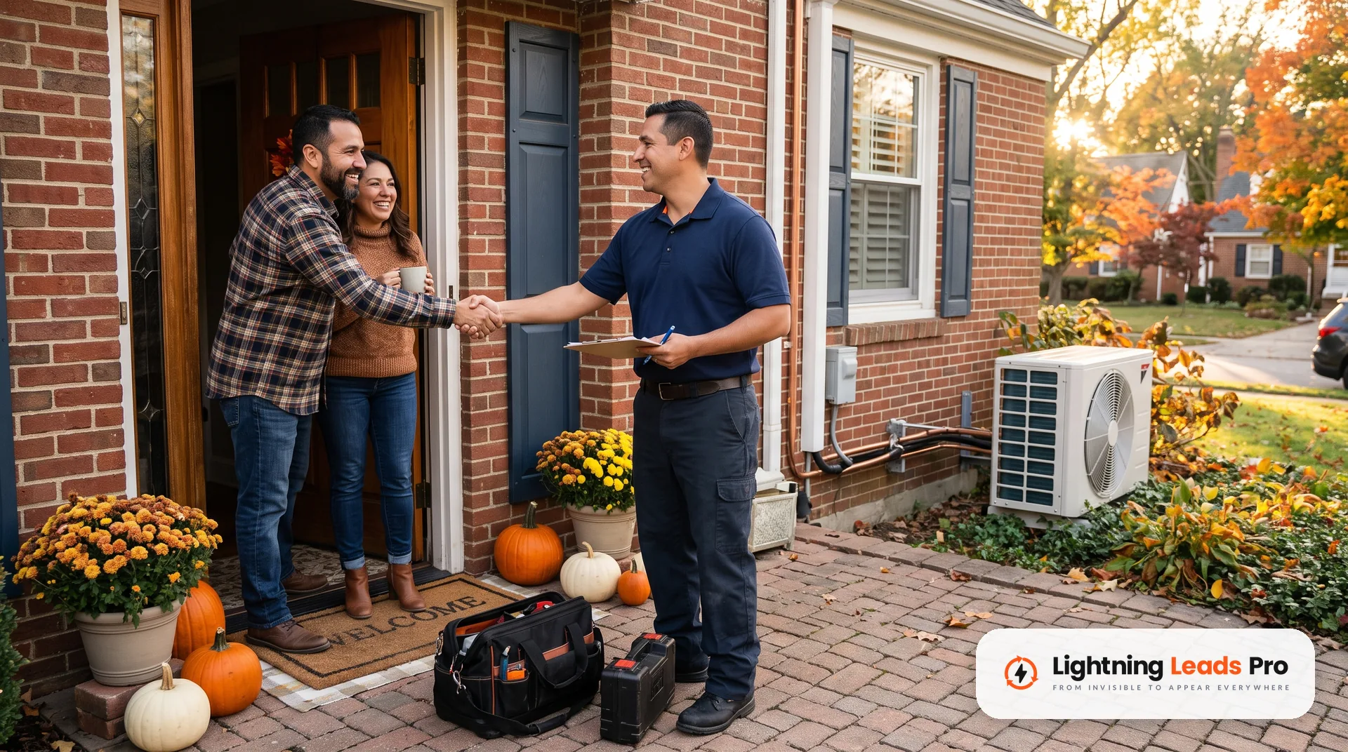HVAC technician shakes hands with a homeowner couple at the front door after a service visit