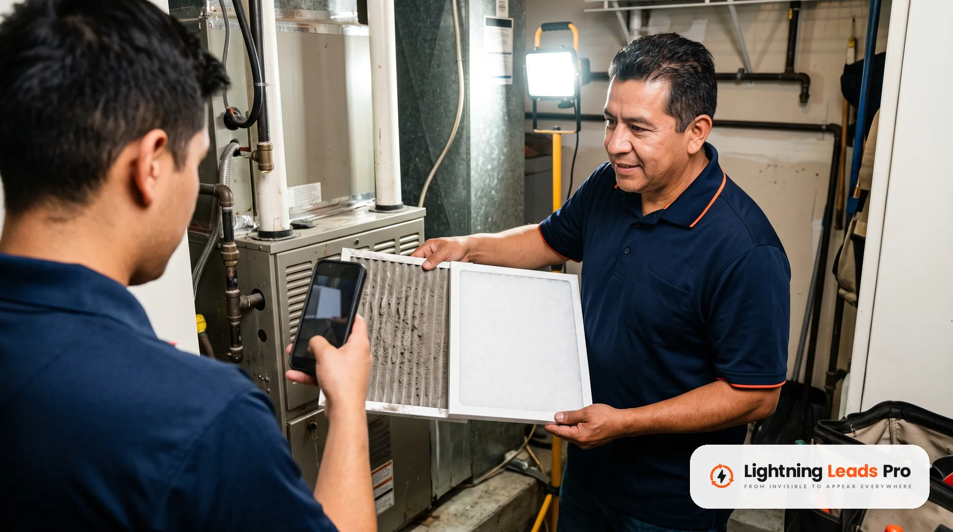 Técnico muestra un filtro sucio junto a uno limpio mientras un compañero lo graba con el celular