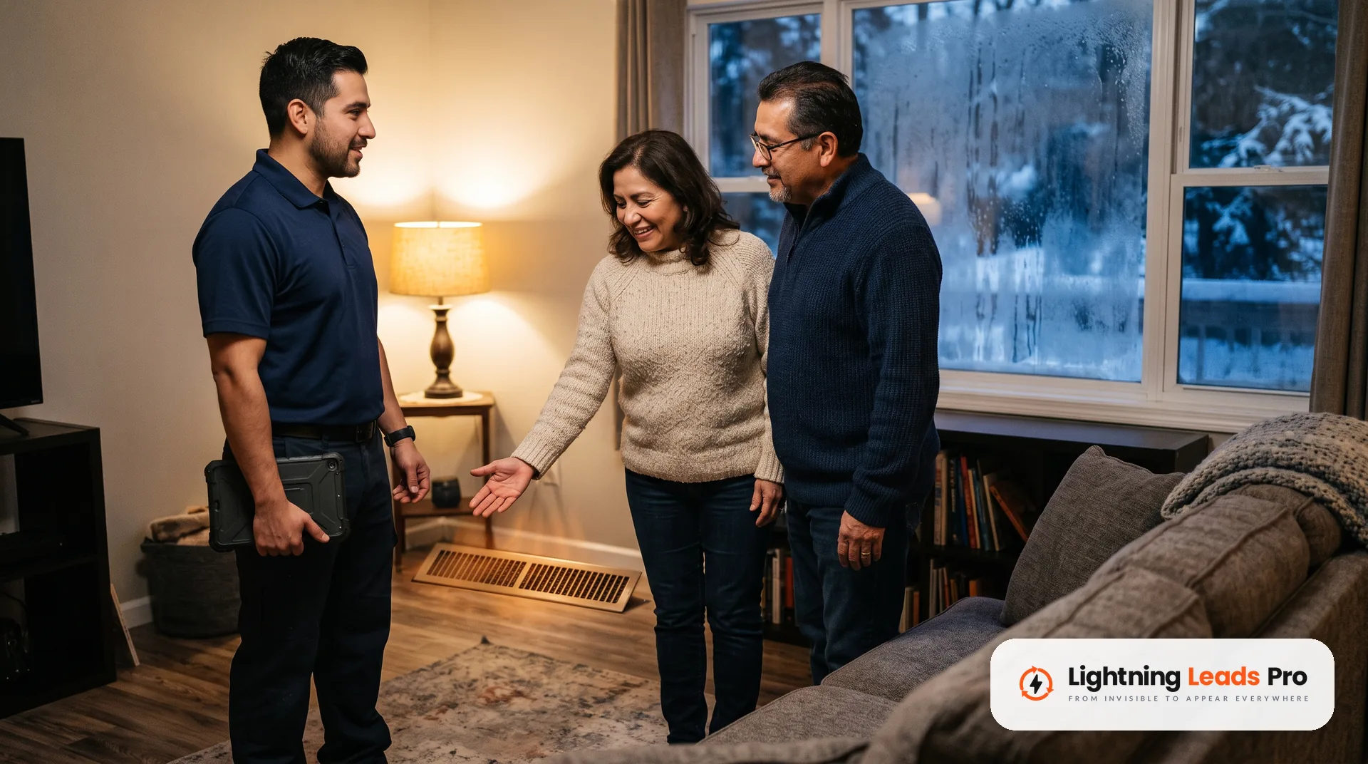 T&eacute;cnico conversa con una pareja que siente el aire caliente de la calefacci&oacute;n reci&eacute;n reparada en su sala